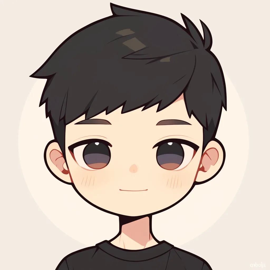韓国アイコン黒髪少年｜韓国アイコン黒髪少年は丸みを帯びた柔らかなタッチで描かれる。落ち着いた黒髪と微笑む表情が調和し、フレンドリーで温かい雰囲気をアイコンに表現している。