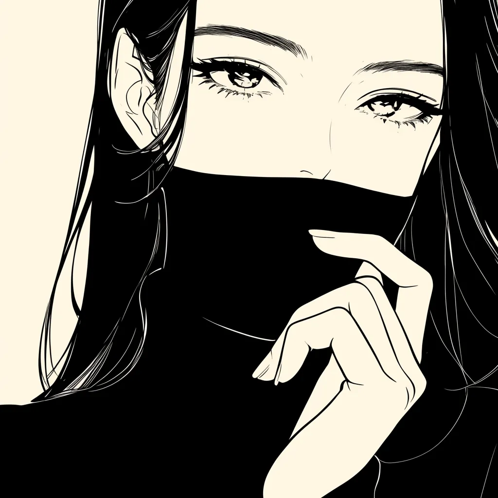 韓国アイコン黒マスク女性｜韓国アイコン黒マスク女性は口元を覆う黒い衣装と鋭いまなざしが特徴。指先の仕草が緊張感を添え、シンプルな色使いの中に強い存在感を描き出している。