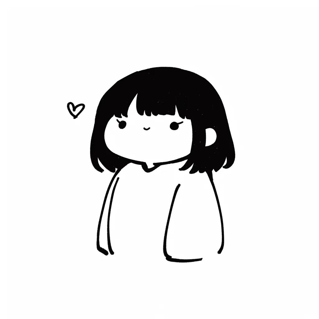 韓国アイコン白シンプル女子｜韓国アイコン白シンプル女子はモノトーンで描かれた少女が印象的。ハートマークが添えられ、シンプルながら温かい雰囲気を引き立て、白背景の余白が可愛らしさを際立たせている。