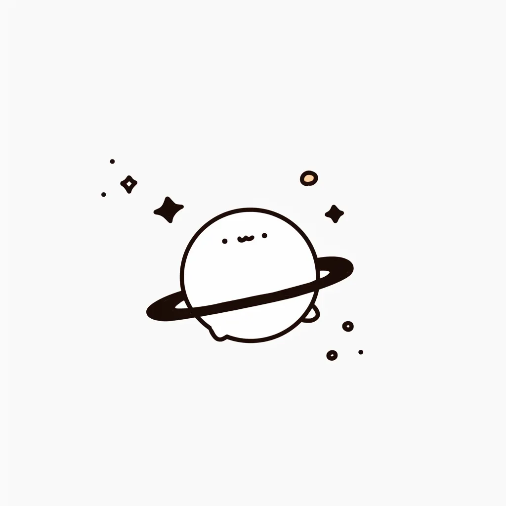 韓国アイコン白惑星キャラ｜韓国アイコン白惑星キャラは惑星のような丸いキャラクターにリングが描かれたデザイン。星や小さな装飾が散りばめられ、白の余白を生かしたユーモラスで幻想的な雰囲気を漂わせている。