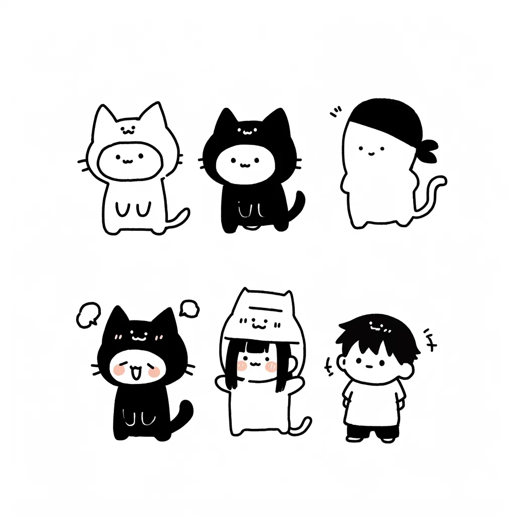 韓国アイコン白猫キャラ集合｜韓国アイコン白猫キャラ集合は猫や人物が並んだバリエーション豊かな構成。黒と白のコントラストに頬の赤みが映え、遊び心にあふれる多彩なキャラクターがSNSで賑やかな印象を届けている。