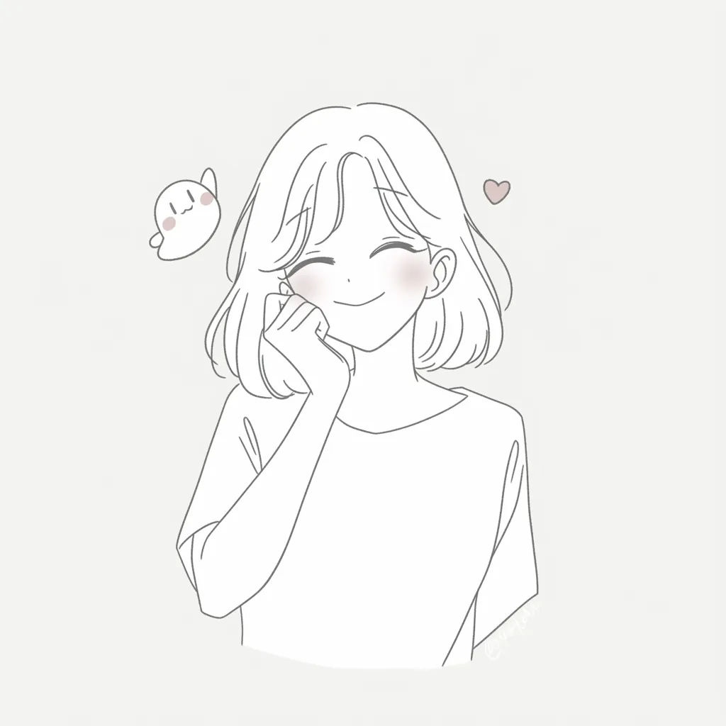 韓国アイコン白ライン｜白を背景に細い線で描かれた韓国アイコン。柔らかい笑顔と軽やかな表情が印象的で、飾らない雰囲気を持ちながらSNSに自然な可愛さを添えています。