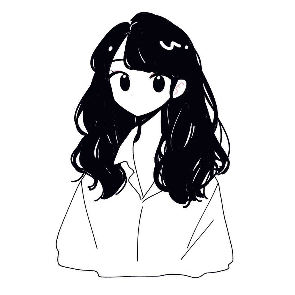 韓国風LINEアイコン黒髪ロング｜韓国風LINEアイコンとして描かれた黒髪ロングの女性。濃淡の少ないモノトーン表現がシックで大人っぽい雰囲気を放ち、落ち着いた印象が魅力です。