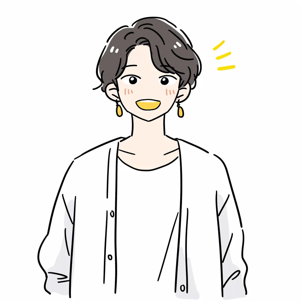 韓国風LINEアイコン笑顔ボーイ｜韓国風LINEアイコンとして描かれた笑顔の少年。白シャツとアクセサリーの組み合わせが爽やかで、フレッシュな雰囲気をSNSに添えるスタイルです。