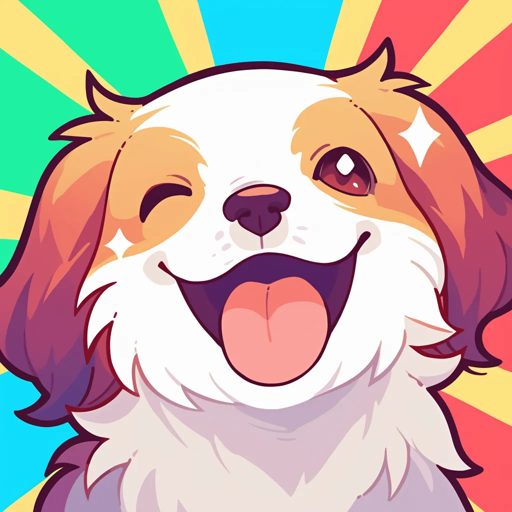 ウケる犬スマイルアイコン｜満面の笑顔でウインクする姿が楽しいウケる犬スマイルアイコン。虹色の背景とキラキラの効果がポジティブさを強調し、SNS映えする明快な明るさを放っています。