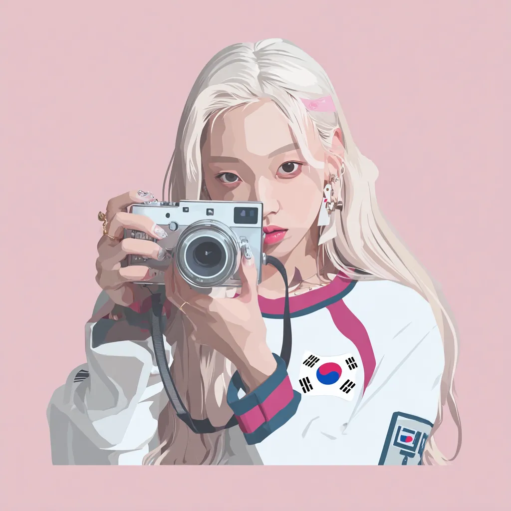 韓国インスタアイコン女子｜カメラを構える女子を中心にした韓国インスタアイコン。鮮やかな髪色と韓国国旗のデザインが現代的なポップさを際立たせている。