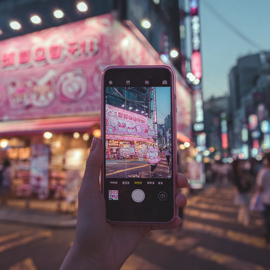 韓国インスタアイコン街角｜スマホ越しに夜の街を切り取った韓国インスタアイコン。看板の光と画面のフレームが重なり合い、リアルとデジタルの境界を遊ぶ。