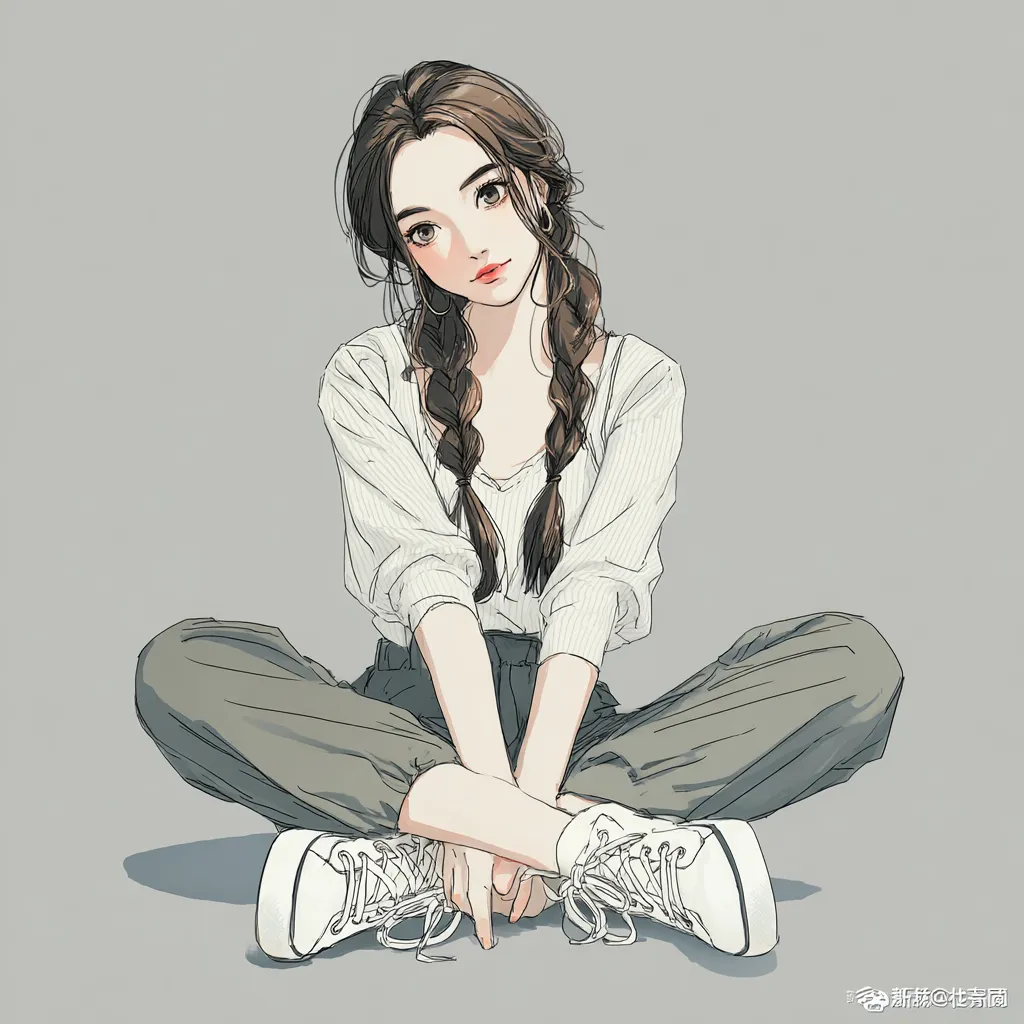 韓国インスタアイコン三つ編み｜三つ編みの女子が床に座る姿を描いた韓国インスタアイコン。柔らかな色調と仕草が清楚で素朴な印象を際立たせている。