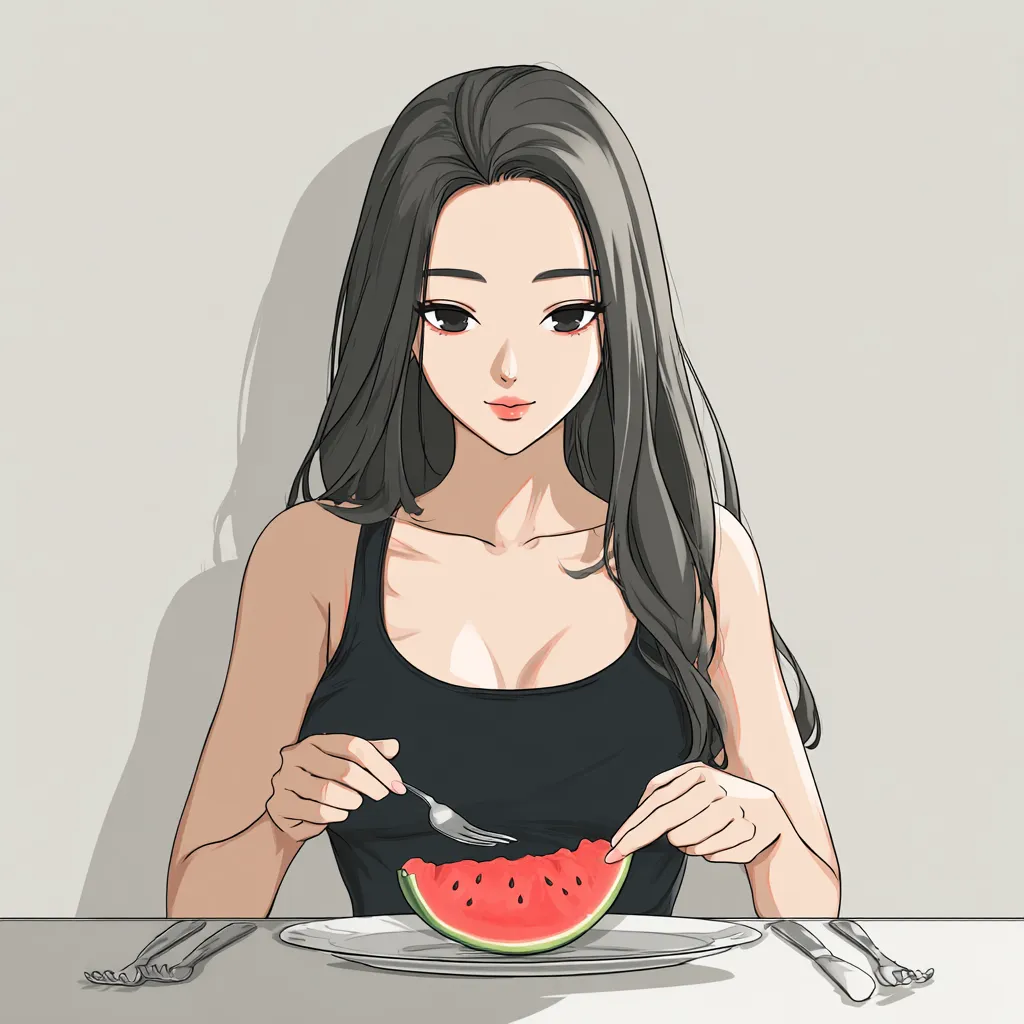 韓国インスタアイコン夏果｜スイカを前に座る女子を描いた韓国インスタアイコン。モノトーン調の背景と鮮やかな果実の対比が夏らしい瑞々しさを強調している。