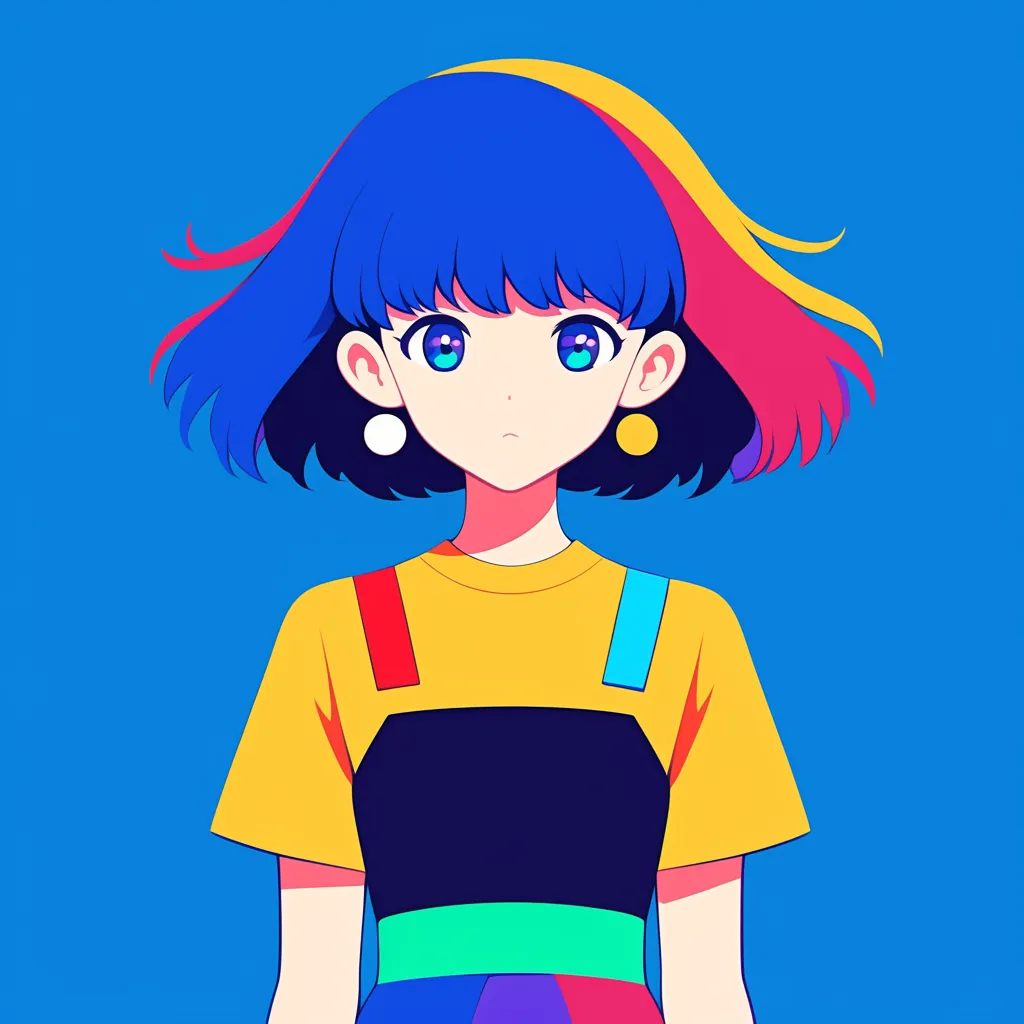 おしゃれ韓国インスタアイコン原色｜鮮やかなブルーとレッドの髪が特徴的な女子を描いたおしゃれ韓国インスタアイコン。色彩のコントラストが視線を強く引きつける印象的な一枚。