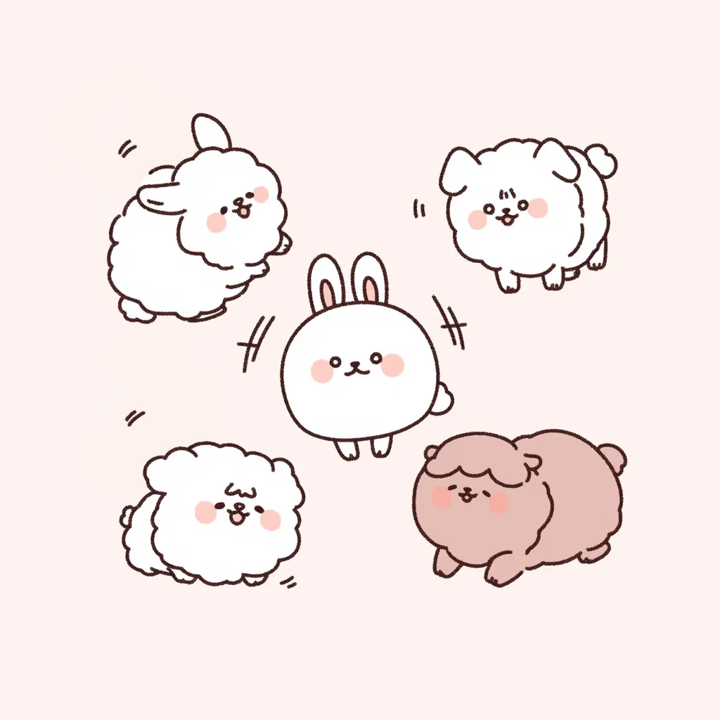おしゃれ韓国インスタアイコン動物｜うさぎや犬などふわふわの動物たちを描いたおしゃれ韓国インスタアイコン。丸みあるフォルムと淡い色使いが可愛らしさを引き立てている。