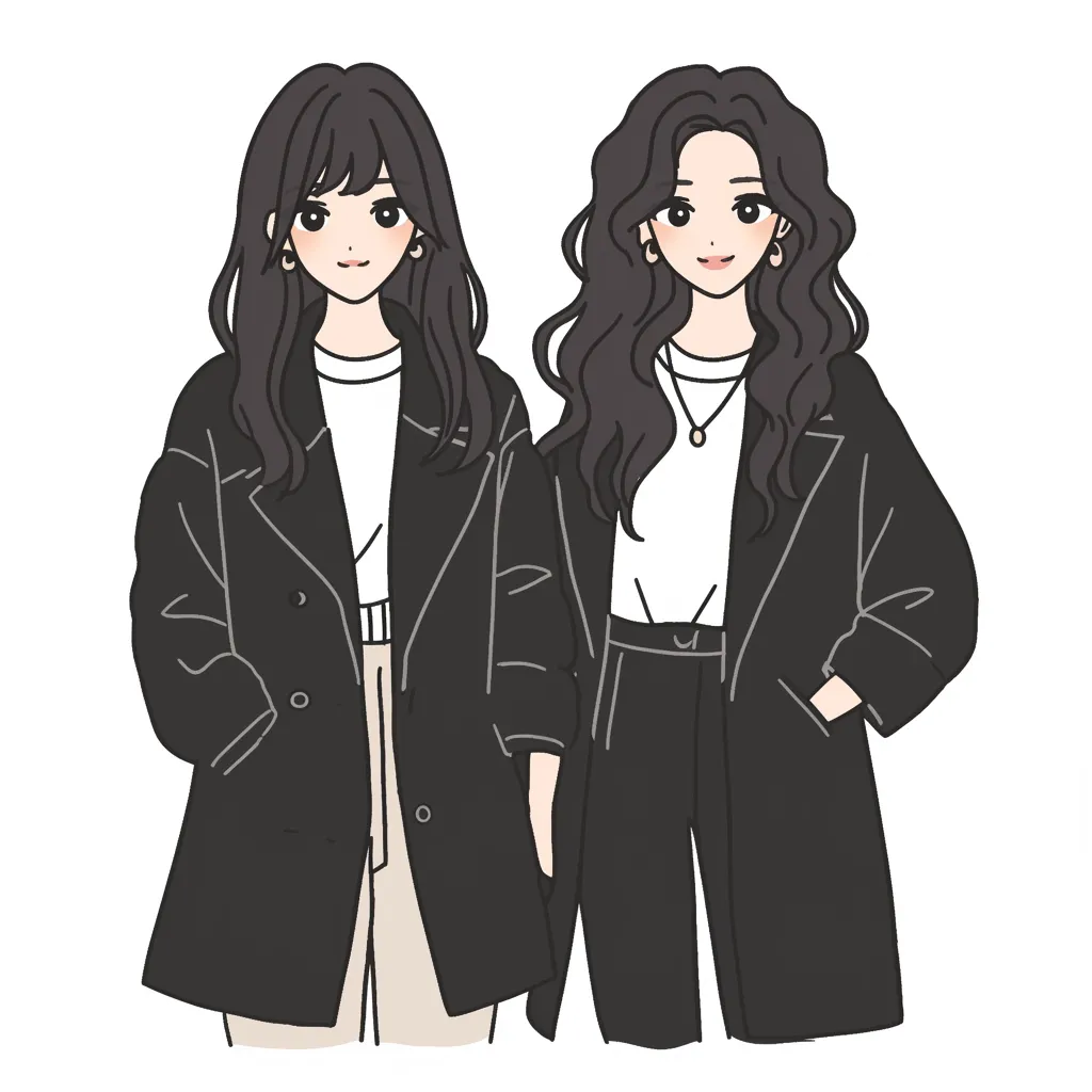 おしゃれ韓国インスタアイコン双子風｜黒のジャケットを着た二人の女子を描いたおしゃれ韓国インスタアイコン。統一感あるスタイルが並び立つシルエットを一層引き立てる。