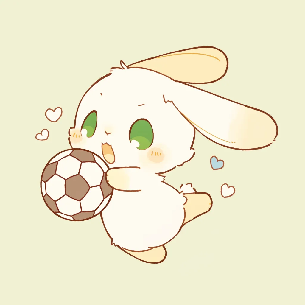 かわいうさぎサッカーアイコン｜大きな緑の瞳が印象的なうさぎがサッカーボールを抱えて走る姿を描いたかわいいサッカーアイコン。ハートが散りばめられた背景が愛らしさをさらに引き立てています。