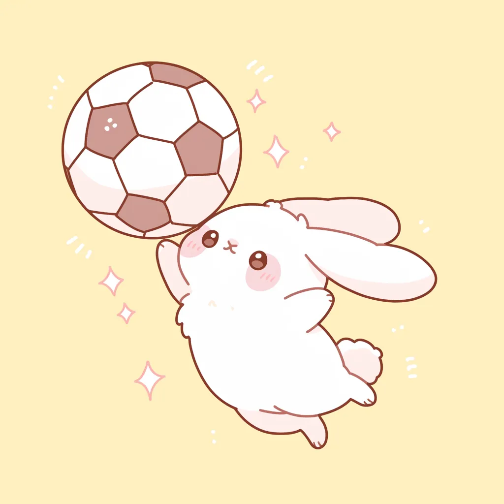 かわいうさぎジャンプサッカーアイコン｜サッカーボールを高く掲げジャンプするうさぎが描かれたかわいいサッカーアイコン。ふんわりした線と柔らかな色合いが、元気さと同時にやさしい印象を与えます。