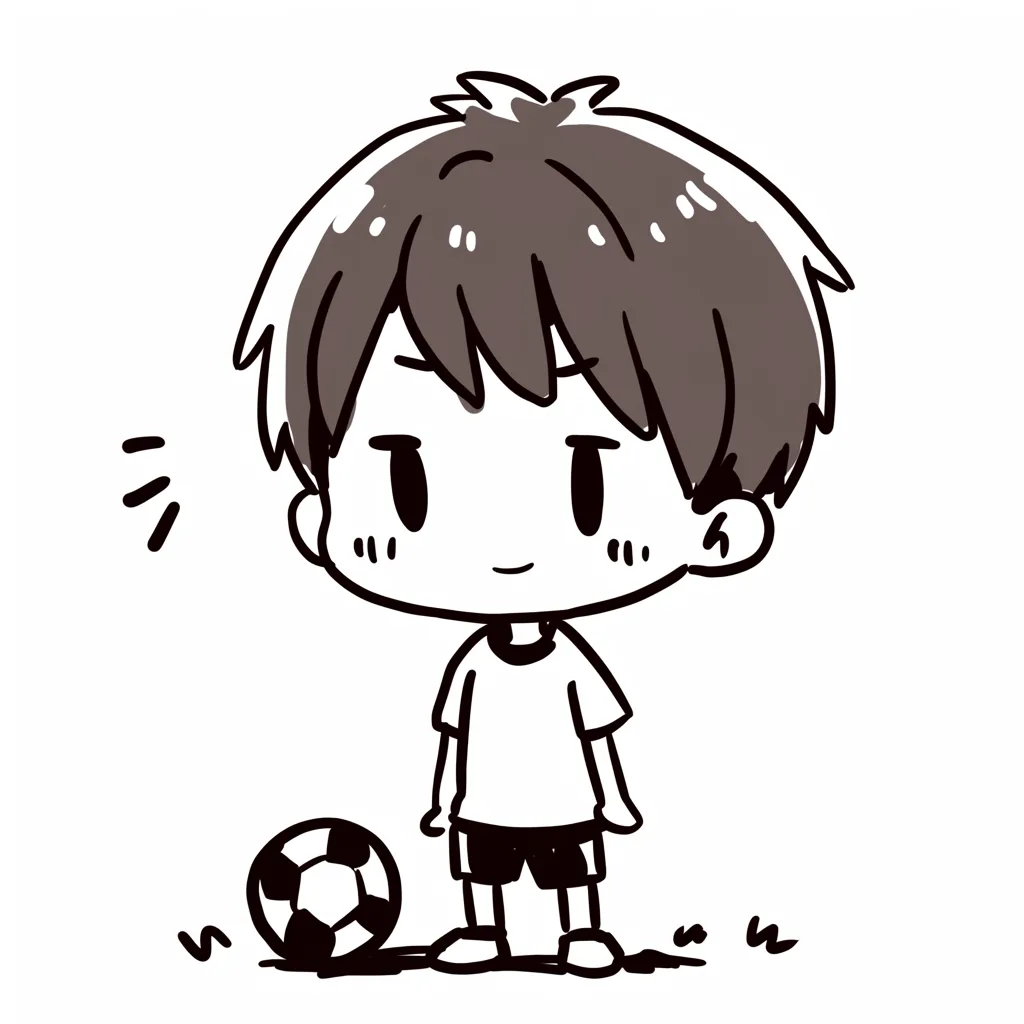 かわいい少年サッカーアイコン｜シンプルなモノクロ線画で描かれた少年とサッカーボールのかわいいサッカーアイコン。無駄のない表現がキャラクターの素朴な魅力を際立たせ、落ち着いた雰囲気を持っています。