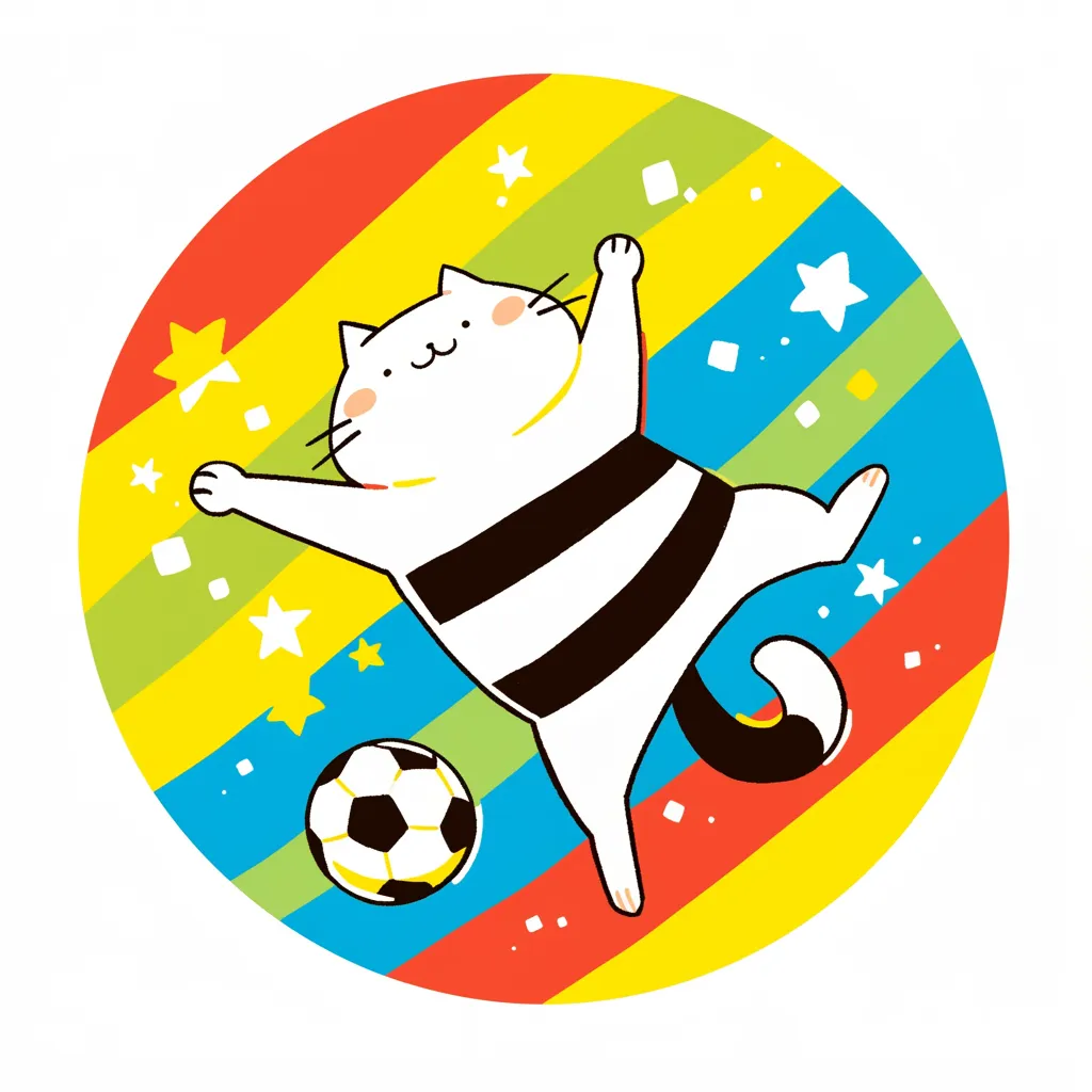 かわいいネコ虹色サッカーアイコン｜虹色の背景に飛び跳ねるネコがボールと描かれたかわいいサッカーアイコン。カラフルな色彩とリズミカルな配置が、楽しげでお祭りのような雰囲気を演出しています。