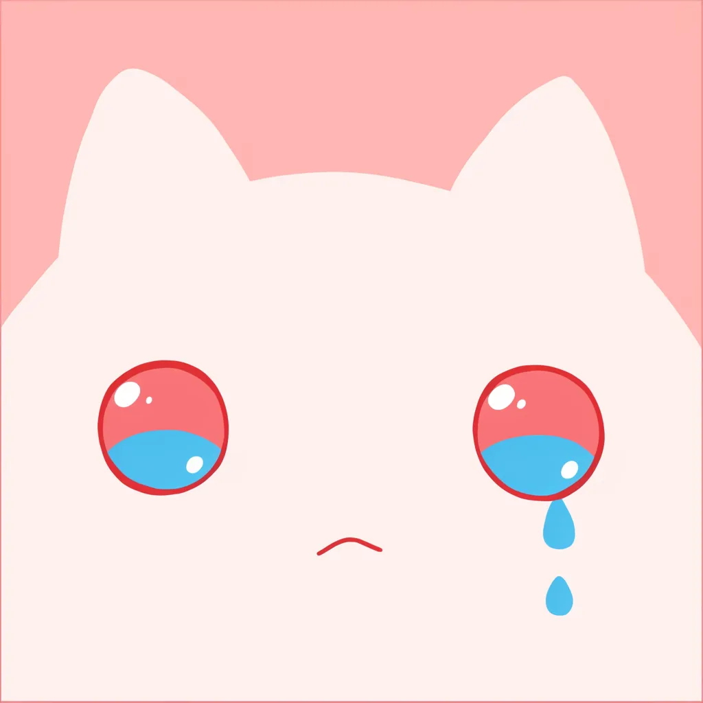 かわいいエモいアイコン ピンク涙猫｜赤と青が混ざる涙が特徴的なかわいいエモいアイコン。シンプルな線と淡いピンク背景が対比となり、寂しさや儚さを柔らかく包み込むような表現が魅力です。