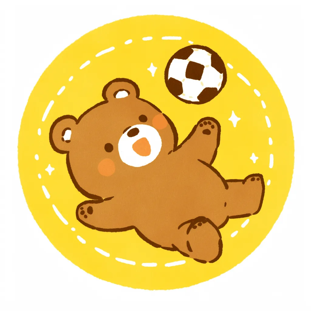 かわいいくまサッカーアイコン｜黄色の円形背景に寝転ぶくまがボールと一緒に描かれたかわいいサッカーアイコン。丸みを帯びたフォルムと優しい色使いが、癒やしの存在感を放っています。