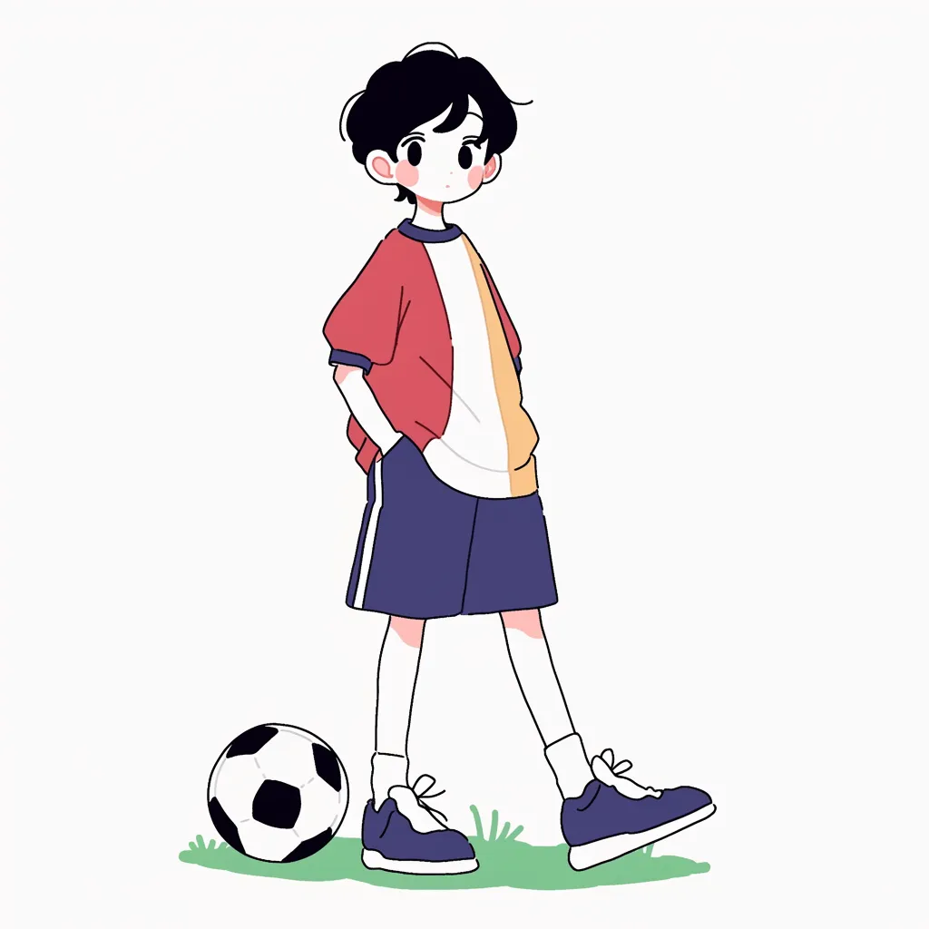 おしゃれ少年サッカーアイコン｜カジュアルな赤いジャケットとショートパンツを組み合わせた少年の立ち姿が印象的なおしゃれサッカーアイコン。手をポケットに入れたリラックスした雰囲気が都会的な魅力を感じさせます。