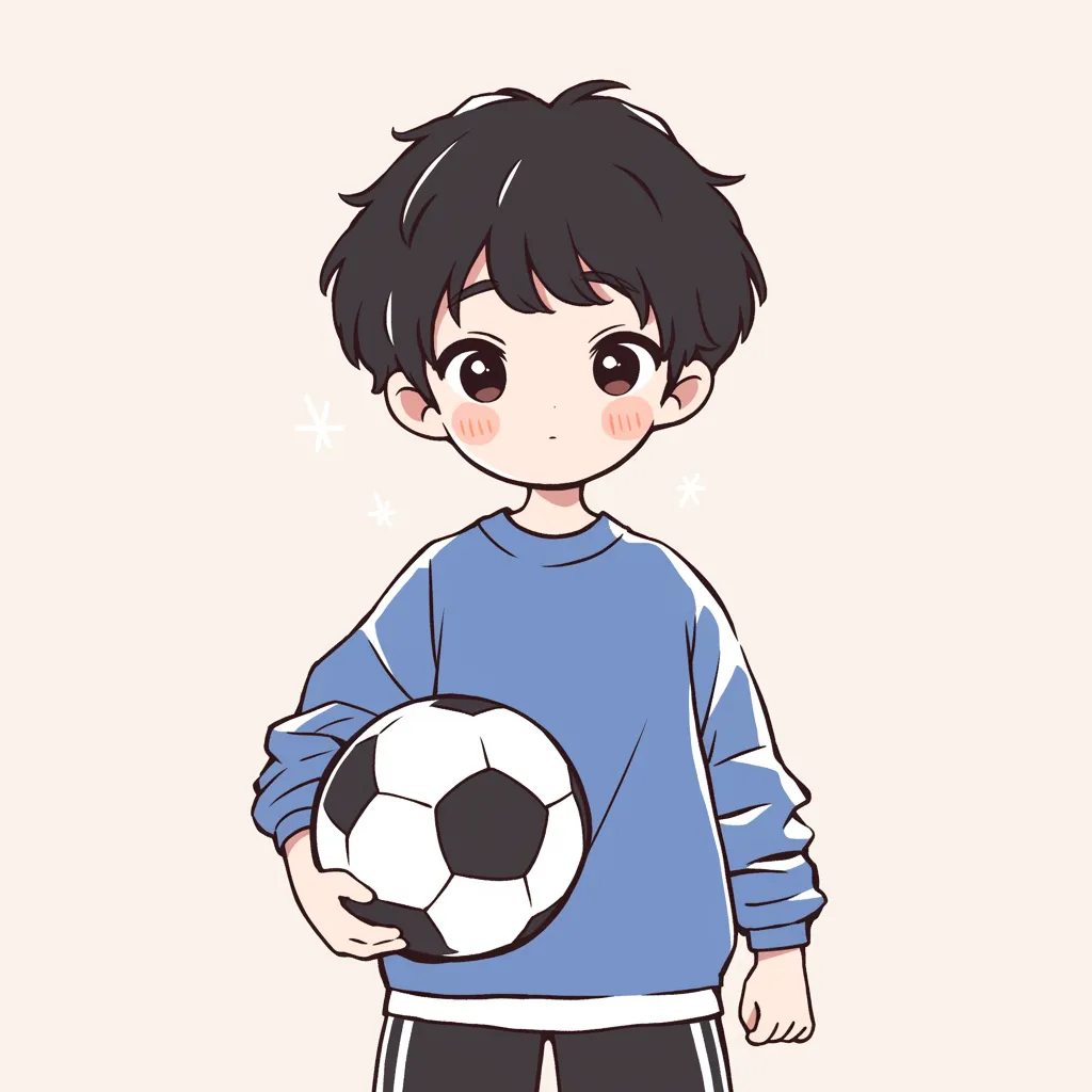 おしゃれ青服サッカーアイコン｜青いトップスに身を包んだ少年がボールを抱える姿が清潔感を漂わせるおしゃれサッカーアイコン。柔らかな表情と淡い色調が調和し、爽やかで親しみやすい印象を生み出しています。