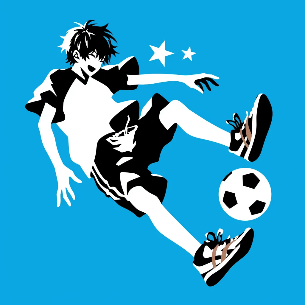 おしゃれ躍動サッカーアイコン｜ダイナミックにボールへ飛び込む姿がシルエットで強調されたおしゃれサッカーアイコン。大胆な構図と青い背景のコントラストが、軽快なエネルギーを印象的に伝えています。