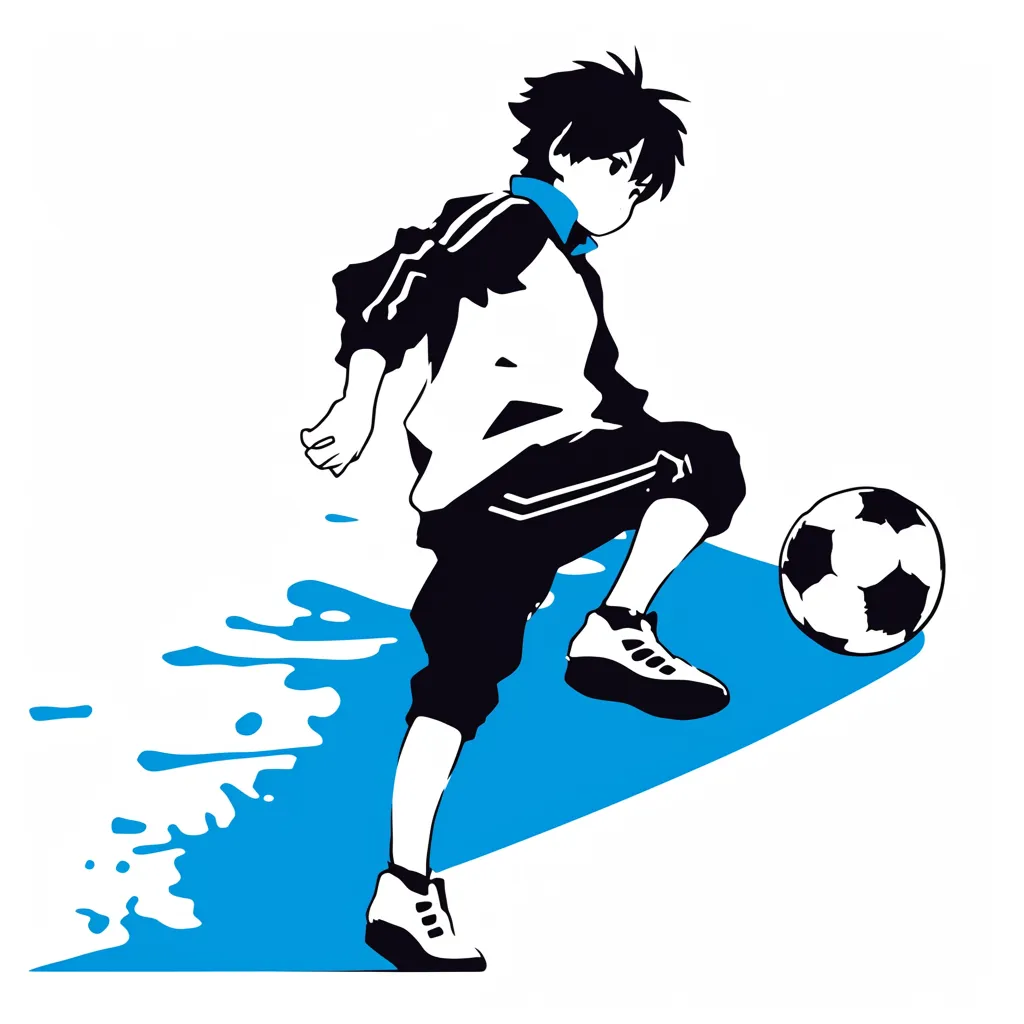 おしゃれ蹴りサッカーアイコン｜モノトーンで描かれた少年がボールを蹴り出す瞬間を切り取ったおしゃれサッカーアイコン。流れるようなラインと青の差し色が動きの勢いを際立たせています。