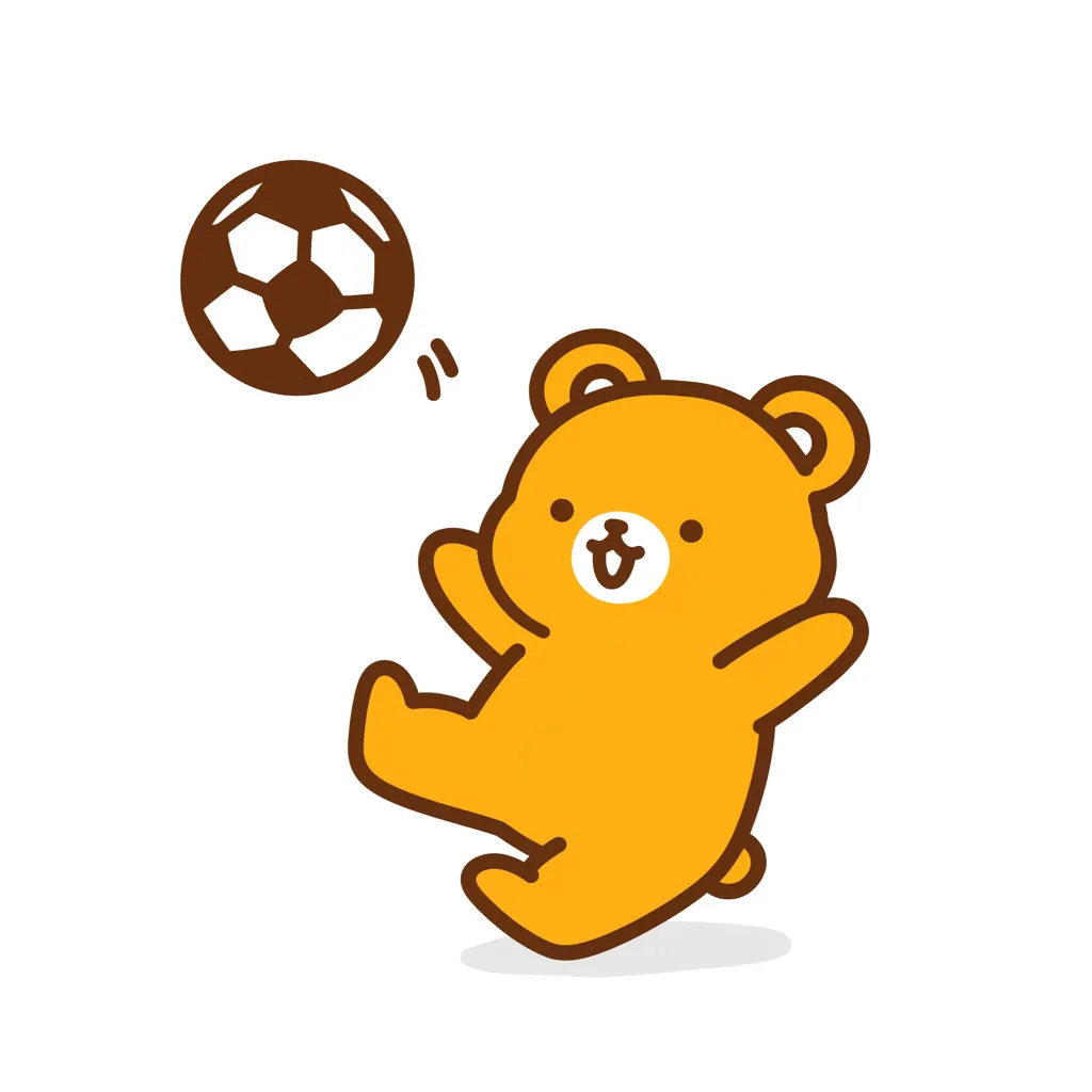 おしゃれくま元気サッカーアイコン｜元気にボールを蹴るような動きを見せるくまを描いたおしゃれサッカーアイコン。シンプルなデザインと明るい色調が快活さを引き出し、柔らかい存在感を与えます。