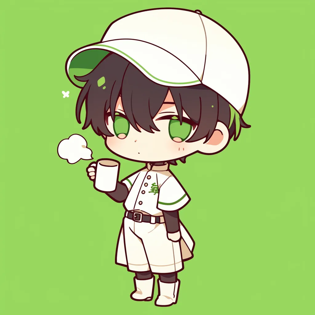かわいい野球アイコン少年｜ユニフォーム姿の少年がマグカップを持つ姿を描いたかわいい野球アイコン。鮮やかな緑の背景がキャラクターの瞳とリンクし、爽やかな統一感を与えている。