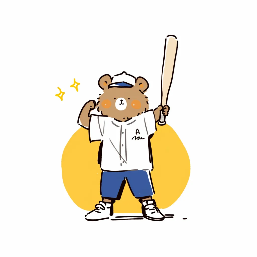 かわいい野球アイコンベア｜力強くバットを掲げるベアが描かれたかわいい野球アイコン。シンプルな線と鮮やかな黄色の背景が合わさり、元気で頼もしい印象を与える構成になっている。