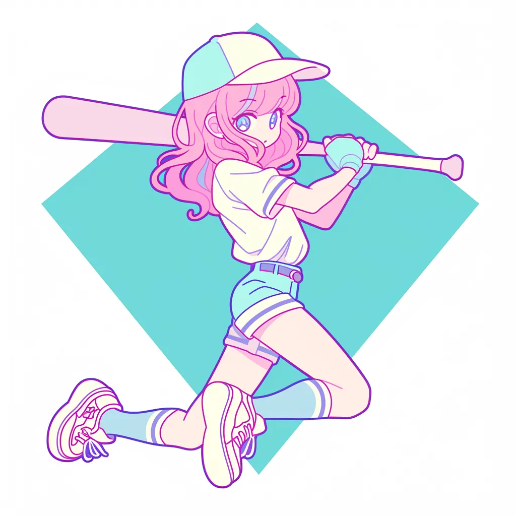 おしゃれ野球アイコン女子｜ポップな色彩で描かれた女子がバットを構えるおしゃれ野球アイコン。ピンクとブルーの組み合わせが爽やかさと可愛さを両立し、動きのある構図が印象的。