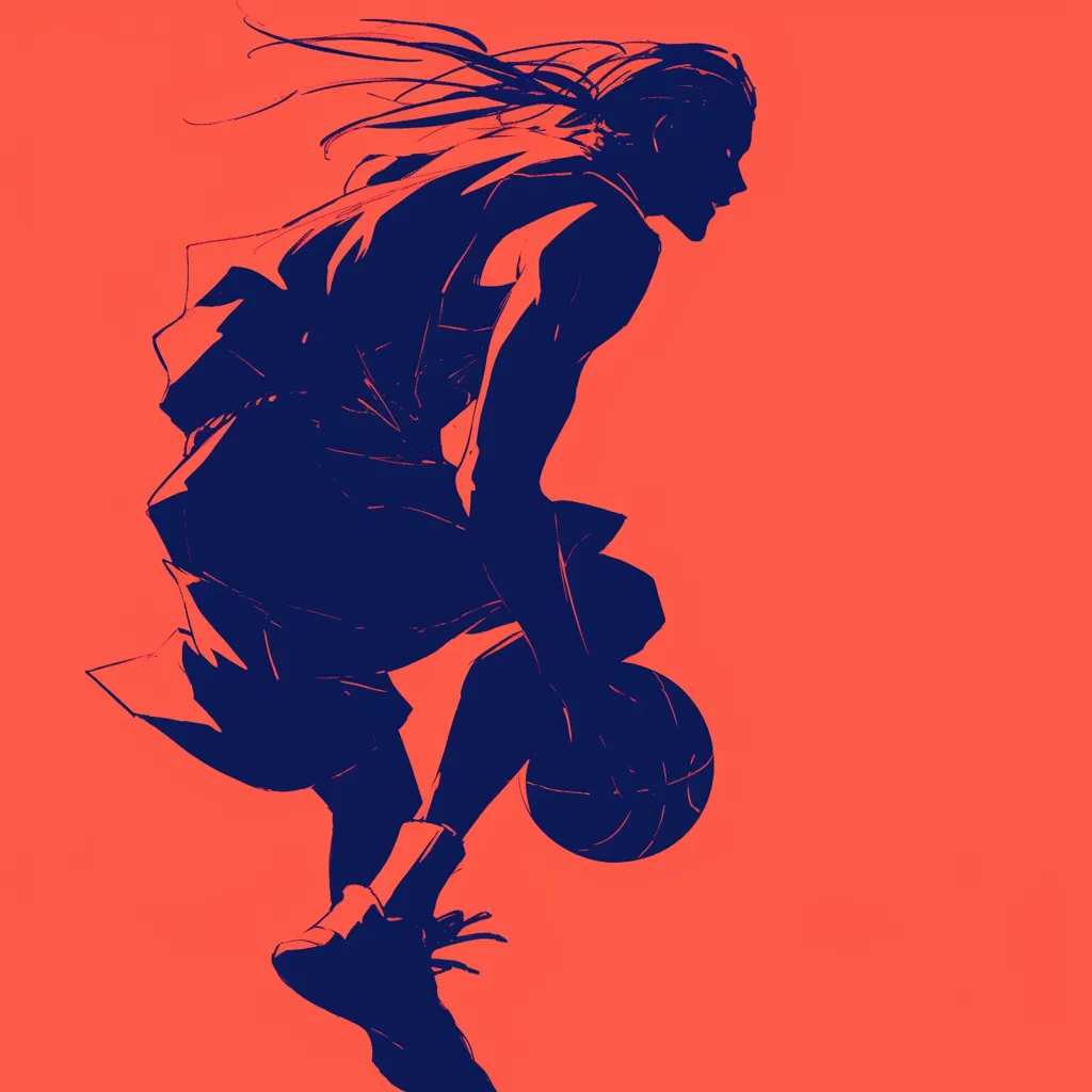 かっこいいバスケアイコン影｜赤背景に黒いシルエットで描かれた選手が印象的なかっこいいバスケアイコン。流れる髪や細やかな線が躍動感を生み、影絵のような美しさが際立つ。