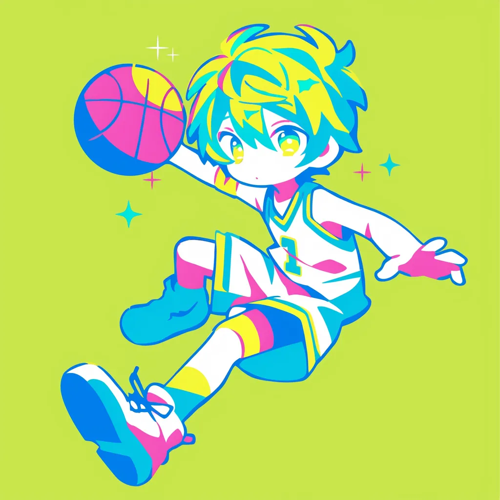 かわいいバスケアイコン少年｜鮮やかなネオンカラーで描かれた少年が勢いよくジャンプし、バスケットボールを手にする姿が映える。大胆な配色が印象的で、かわいいバスケアイコンとして個性的でポップな魅力を放っている。