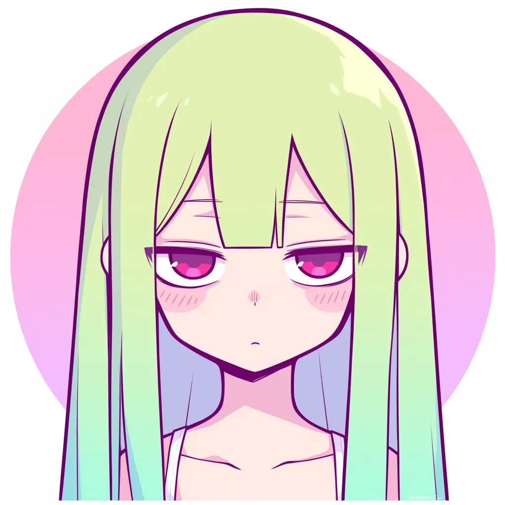 かわいいエモいアイコン 無表情女子｜淡いグリーンの髪と無表情が特徴のかわいいエモいアイコン。丸い背景とピンクの目が淡々とした雰囲気を強調し、静かなエモさを漂わせる表現が印象的です。