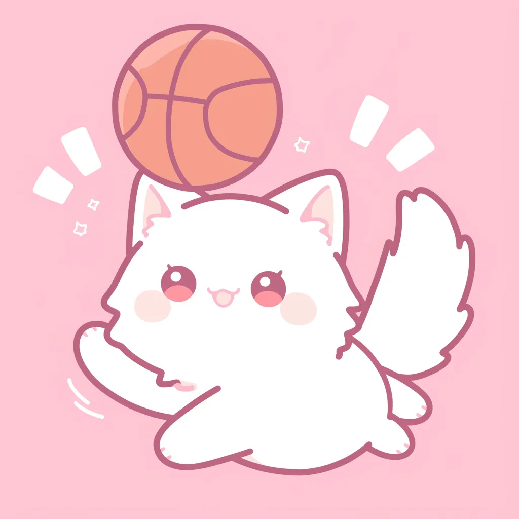 かわいいバスケアイコンねこA｜白猫が元気にボールを頭に乗せて遊ぶ姿が描かれたデザイン。ピンクの背景と表情豊かな仕草が愛らしく、かわいいバスケアイコンとして楽しく無邪気な雰囲気を強調している。