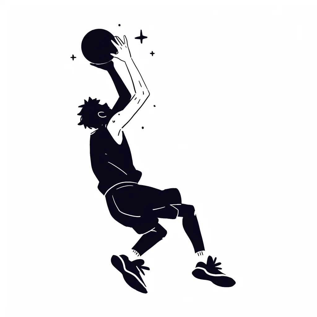 おしゃれバスケアイコンC｜黒一色のシルエットでジャンプする選手を描いたデザイン。星のような装飾がきらめきを添え、おしゃれバスケアイコンとしてミニマルながら力強い印象を与えるスタイリッシュな仕上がりになっている。