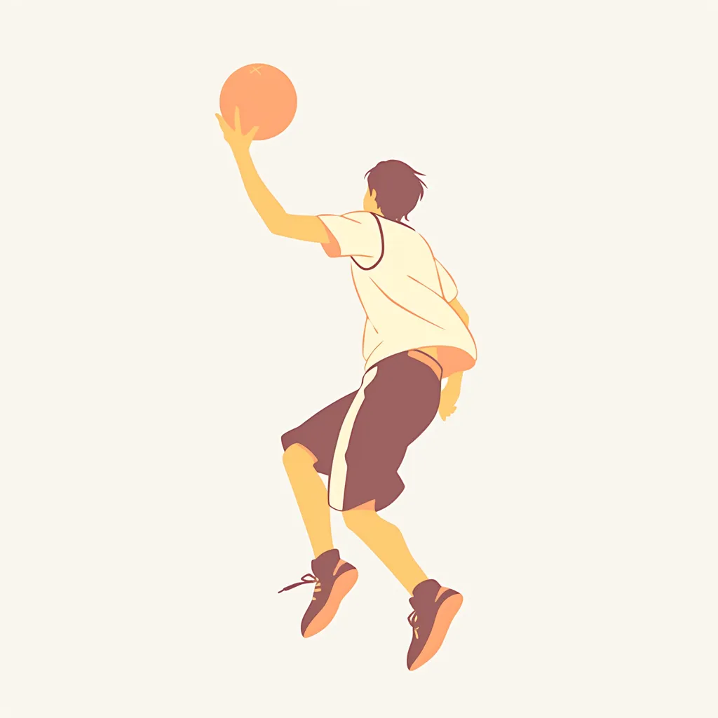 おしゃれバスケアイコンF｜選手が片手でボールを構えて跳ぶ姿を柔らかな色合いで描いたデザイン。シンプルな背景が動きを際立たせ、おしゃれバスケアイコンとして清涼感とスタイリッシュさを兼ね備えている。