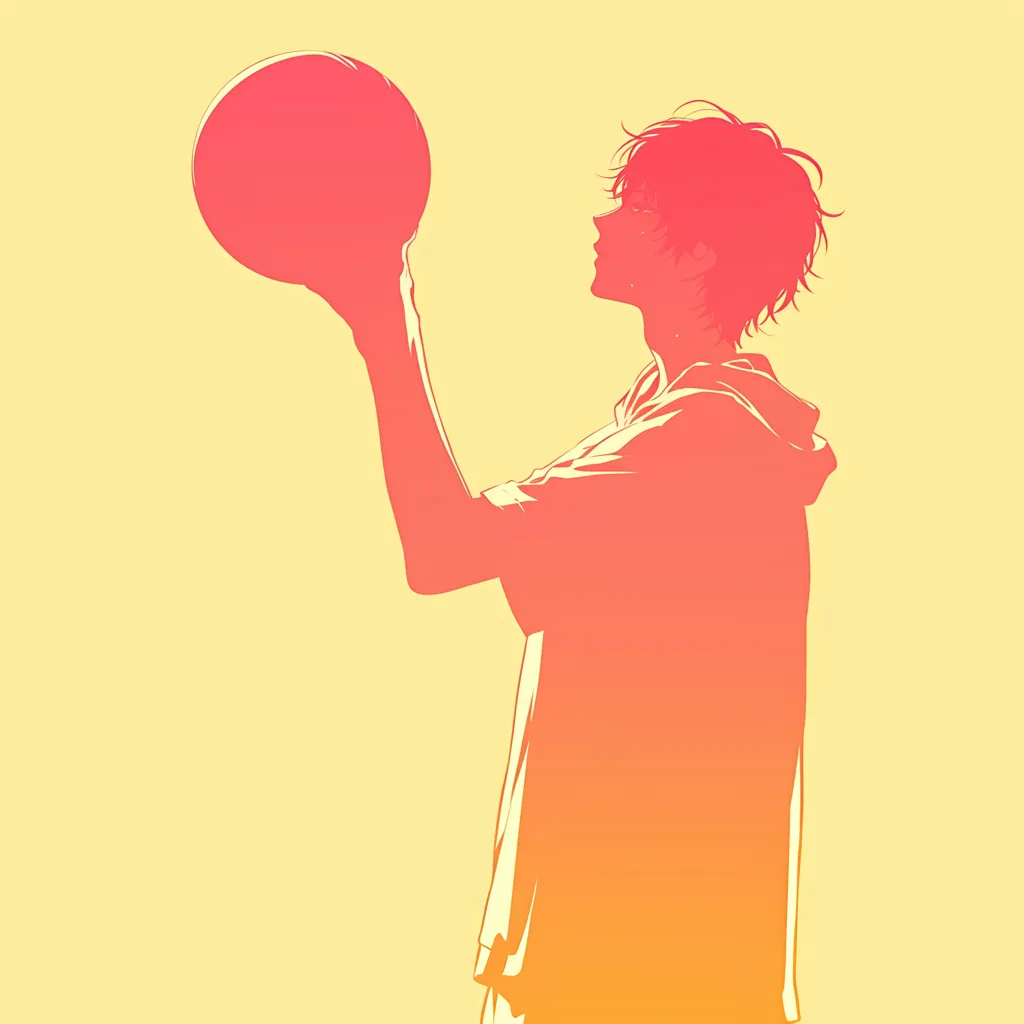 エモいバスケアイコンA｜黄と赤のグラデーションで描かれた横顔の選手がボールを見つめる姿。逆光を思わせるシルエットが印象的で、エモいバスケアイコンとして静かな余韻と内面の熱さを同時に感じさせる仕上がり。