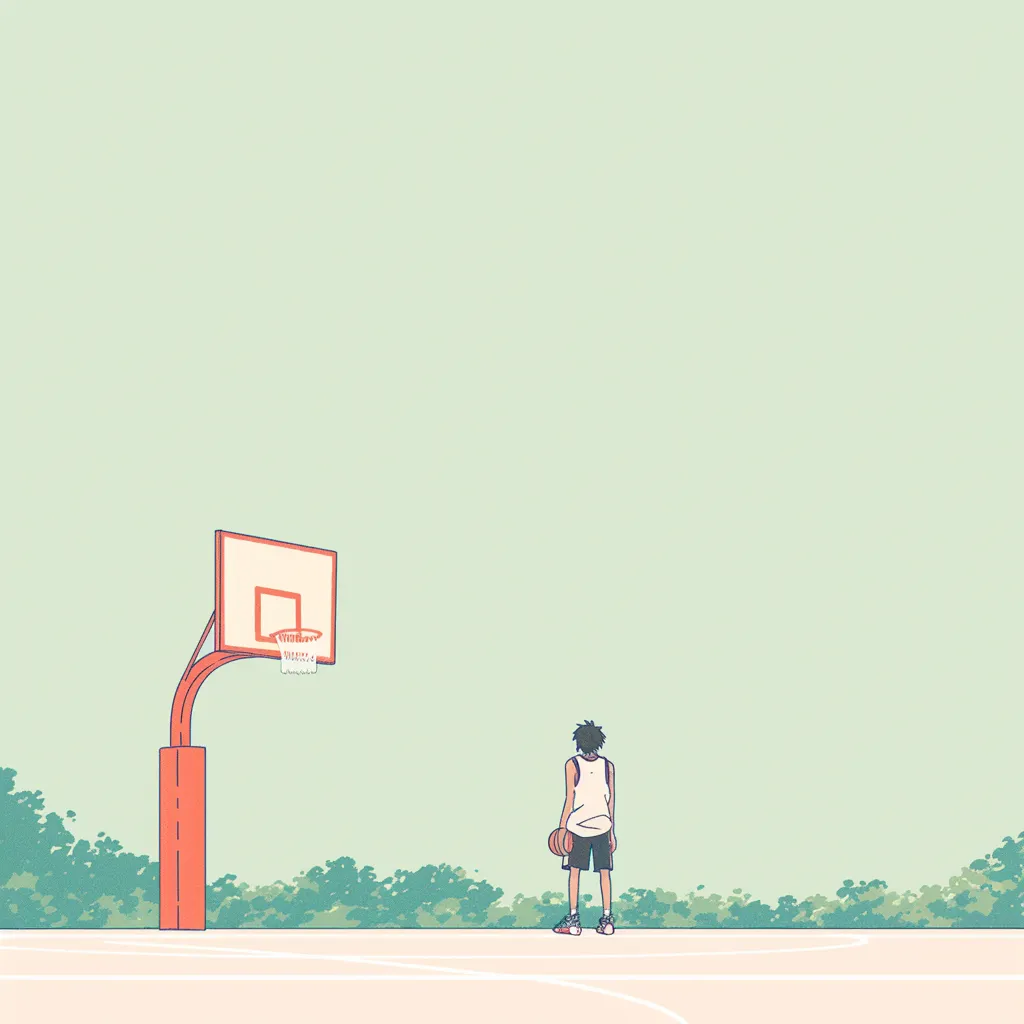 エモいバスケアイコンD｜広い空を背景に一人の選手がゴールを見つめる姿が描かれた構図。余白を大胆に使ったレイアウトが孤独感を際立たせ、エモいバスケアイコンとして淡い希望と決意を感じさせる雰囲気を演出している。