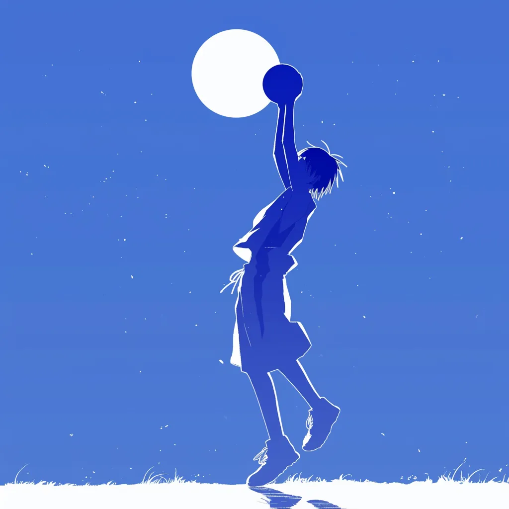 エモいバスケアイコンE｜夜空を背景にボールを掲げる選手が月と重なる構図で描かれたデザイン。シルエットの鮮烈なコントラストが幻想的で、エモいバスケアイコンとして夢や憧れを象徴する情緒的な魅力を放っている。