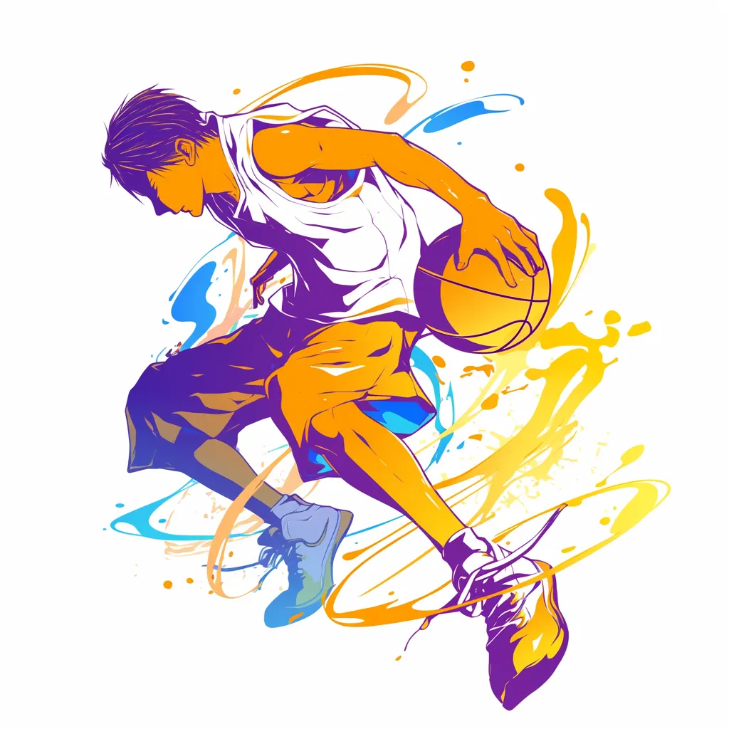 エモいバスケアイコンF｜鮮やかな筆致で描かれた選手が躍動するドリブルシーン。青や黄のインクが弾けるように広がり、エモいバスケアイコンとして情熱と勢いを鮮烈に表現したダイナミックな仕上がりになっている。