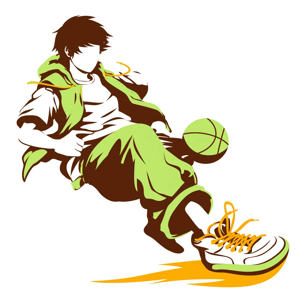 エモいバスケアイコンI｜緑のベストを着た選手が腰を落とした独特なポーズで描かれたデザイン。シルエット的な表現が大胆で、エモいバスケアイコンとして遊び心と迫力が融合した印象的な仕上がりを見せている。