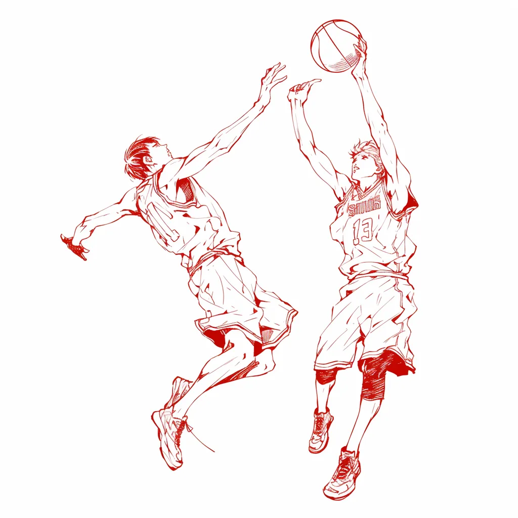 エモいバスケアイコンJ｜二人の選手が空中で交差する迫力のあるシーンを赤のラインで描いた構図。緻密な描線と大胆な動きが融合し、エモいバスケアイコンとして緊張感とドラマ性を強調した存在感のある仕上がりになっている。