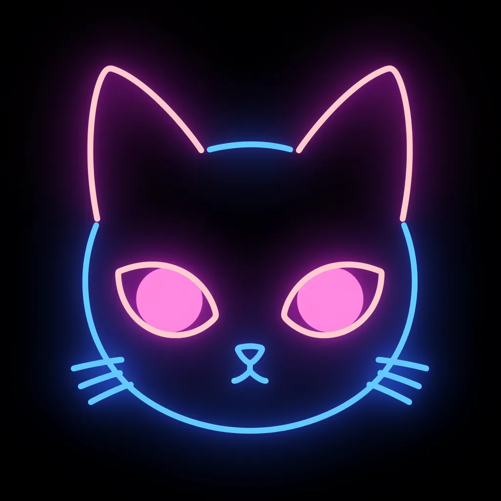 おしゃれエモいアイコン ネオン猫フェイス｜ピンクとブルーのネオン線で描かれた猫の顔がおしゃれエモいアイコン。シンプルな構成ながらも鮮やかな発光が強い印象を残し、遊び心のある雰囲気を放っています。