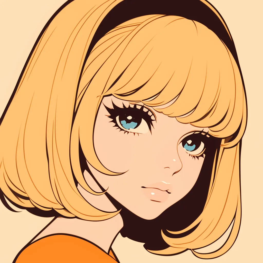 エモいレトロアイコン 青い瞳の少女｜青く輝く瞳と金髪ボブが印象的なエモいレトロアイコン。太めのアイラインや鮮明な色使いが60年代ポップアートを思わせ、懐かしさと現代的な魅力が融合しています。