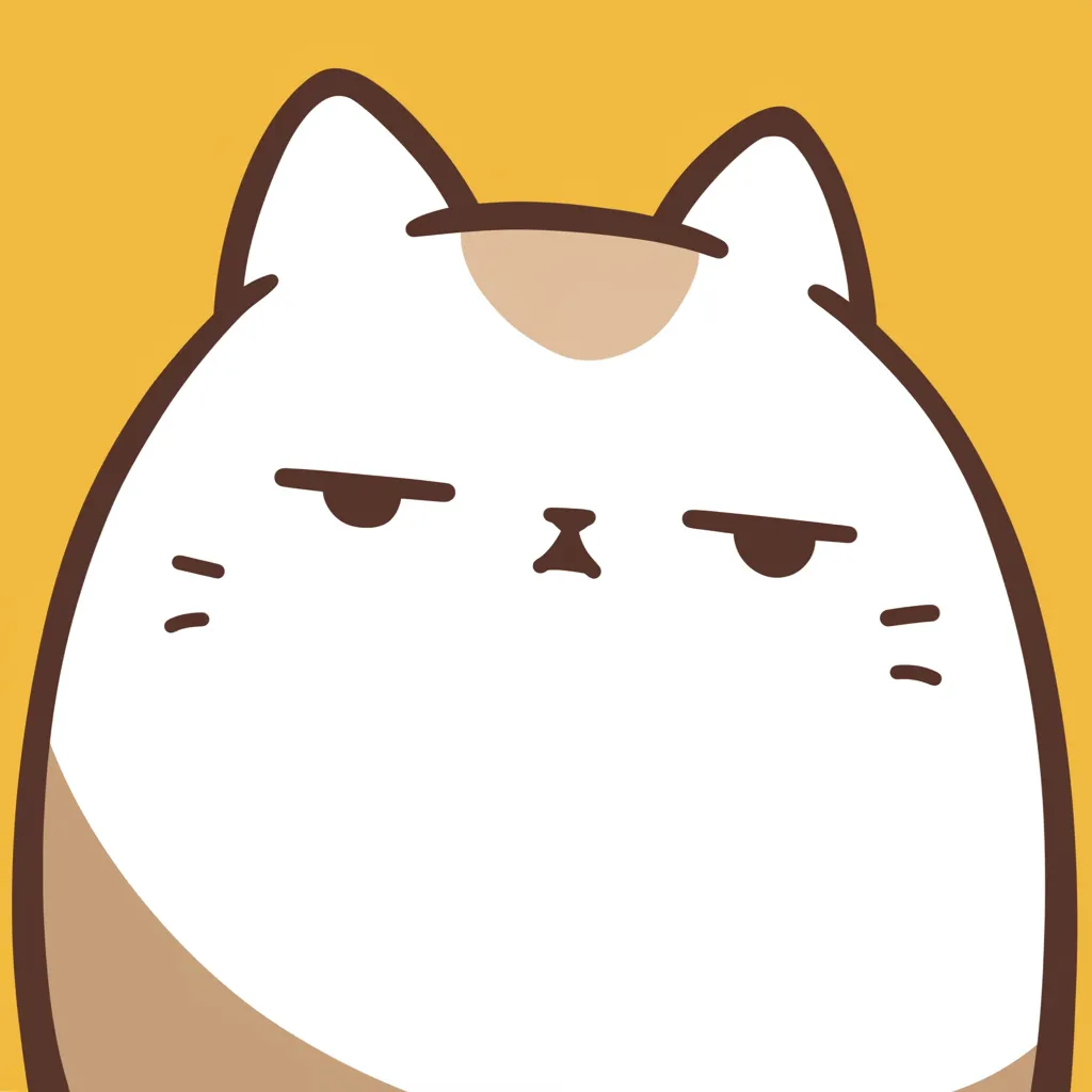 エモいレトロアイコン ジト目の猫｜黄色背景にジト目で見つめる猫が描かれたエモいレトロアイコン。無駄を省いた線と配色がミニマルながら力強く、懐かしいポスター風の存在感を放っています。