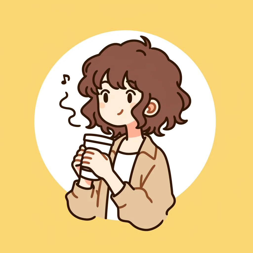 おすすめインスタコーヒー女子アイコン｜温かい飲み物を手にした姿が心地よいおすすめインスタコーヒー女子アイコン。柔らかなタッチと黄色の背景が、落ち着いた日常感を映し出しています。