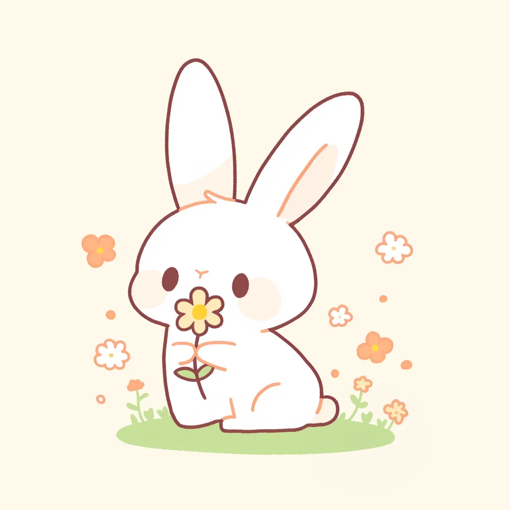 大人かわいいアイコン 花うさぎ｜小さな花を抱えた白いうさぎが描かれる大人かわいいアイコン。丸みを帯びた体と淡い色合いが優しさを醸し出し、花とともに並ぶ姿が穏やかな癒やしの雰囲気を生み出しています。