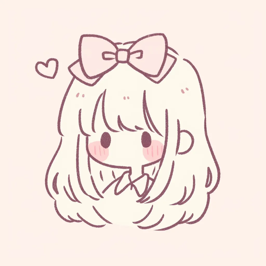 かわいいインスタリボン女子アイコン｜大きなリボンと頬の赤みが愛らしいかわいいインスタリボン女子アイコン。シンプルな線画に温かみがあり、淡い背景が優しい雰囲気を演出します。