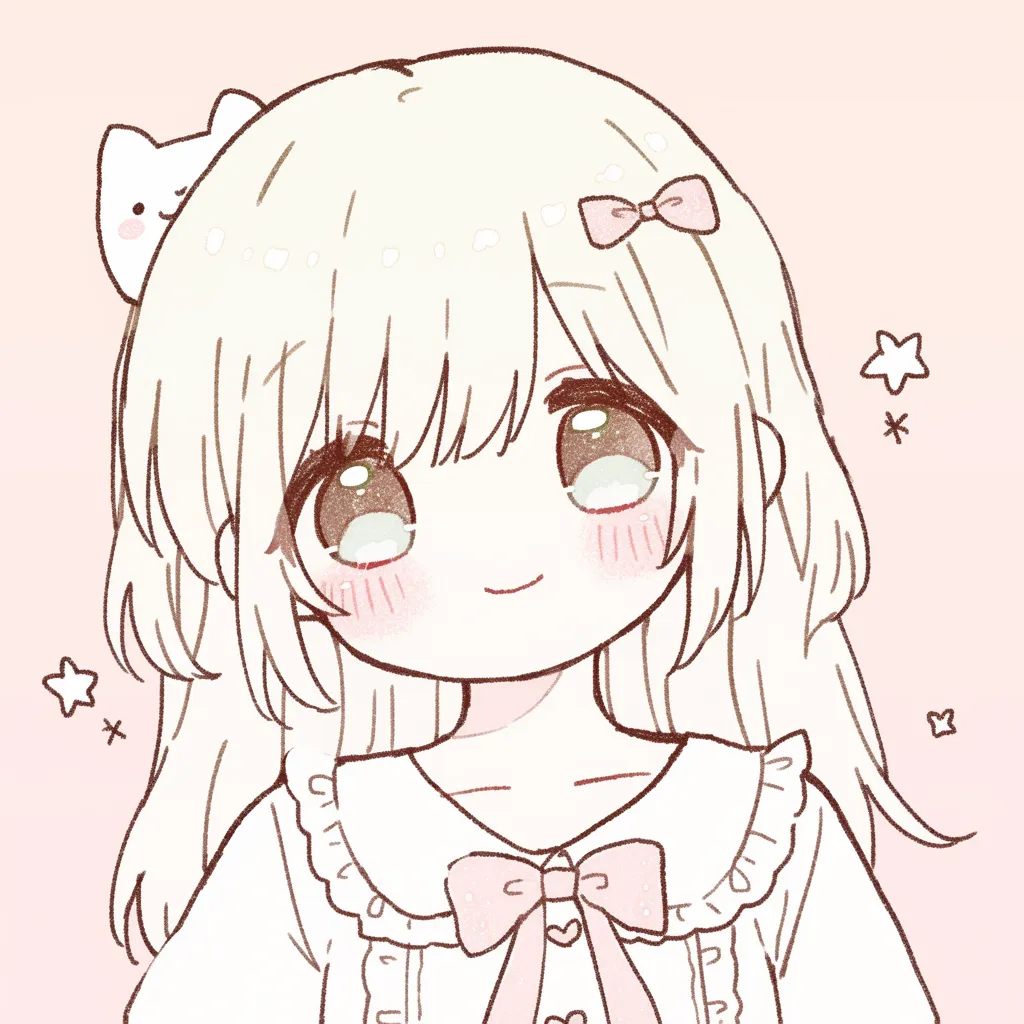 かわいいインスタキラキラ女子アイコン｜輝く瞳とリボンが華やかなかわいいインスタキラキラ女子アイコン。頬の赤みと星の装飾が重なり、きらめくような魅力を感じさせます。