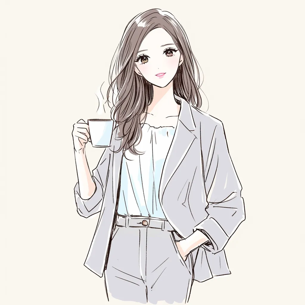 かわいいインスタカフェ女子アイコン｜カップを片手に穏やかな雰囲気を漂わせるかわいいインスタカフェ女子アイコン。洗練された線と淡い色合いが、上品で落ち着いた印象を与えます。